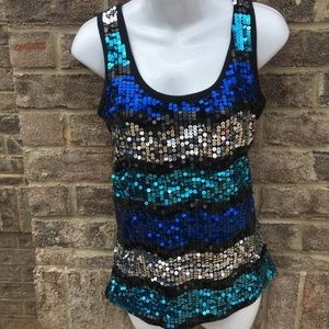 Blue silver black and teal sequin top